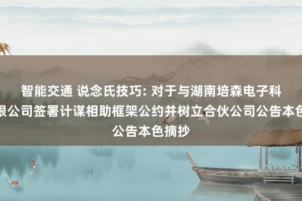 智能交通 说念氏技巧: 对于与湖南培森电子科技有限公司签署计谋相助框架公约并树立合伙公司公告本色摘抄